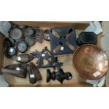 A set of old kitchen scales; various weights; flatirons; etc.