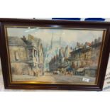 C.J. Keats: A late 19th/ early 20th century watercolour street scene with cathedral in the back