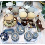 A selection of Coronation mugs; Wedgwood blue jasper trinket ware; china animals; etc.