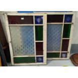 Two multiple pane windows with coloured glass panels (2 small quarter blue panes a.f.)