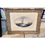 Ken Hammond harbour scene, with man on a jetty tying up sailing ship. In watercolour, signed, 25 x