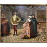 W H Eugene: interior scene of gentleman with sword and 2 ladies, oil on board, signed and dated