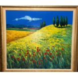 A large modern oil painting of a poppy field; 2 large modern prints