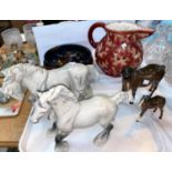 A Beswick dapple grey shire horse and foal; 2 other Beswick horses; a 1930's fruit bowl and jug