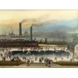 Brian Shields, Braaq (1951--1997): "Ready to Launch", industrial landscape with figures around a