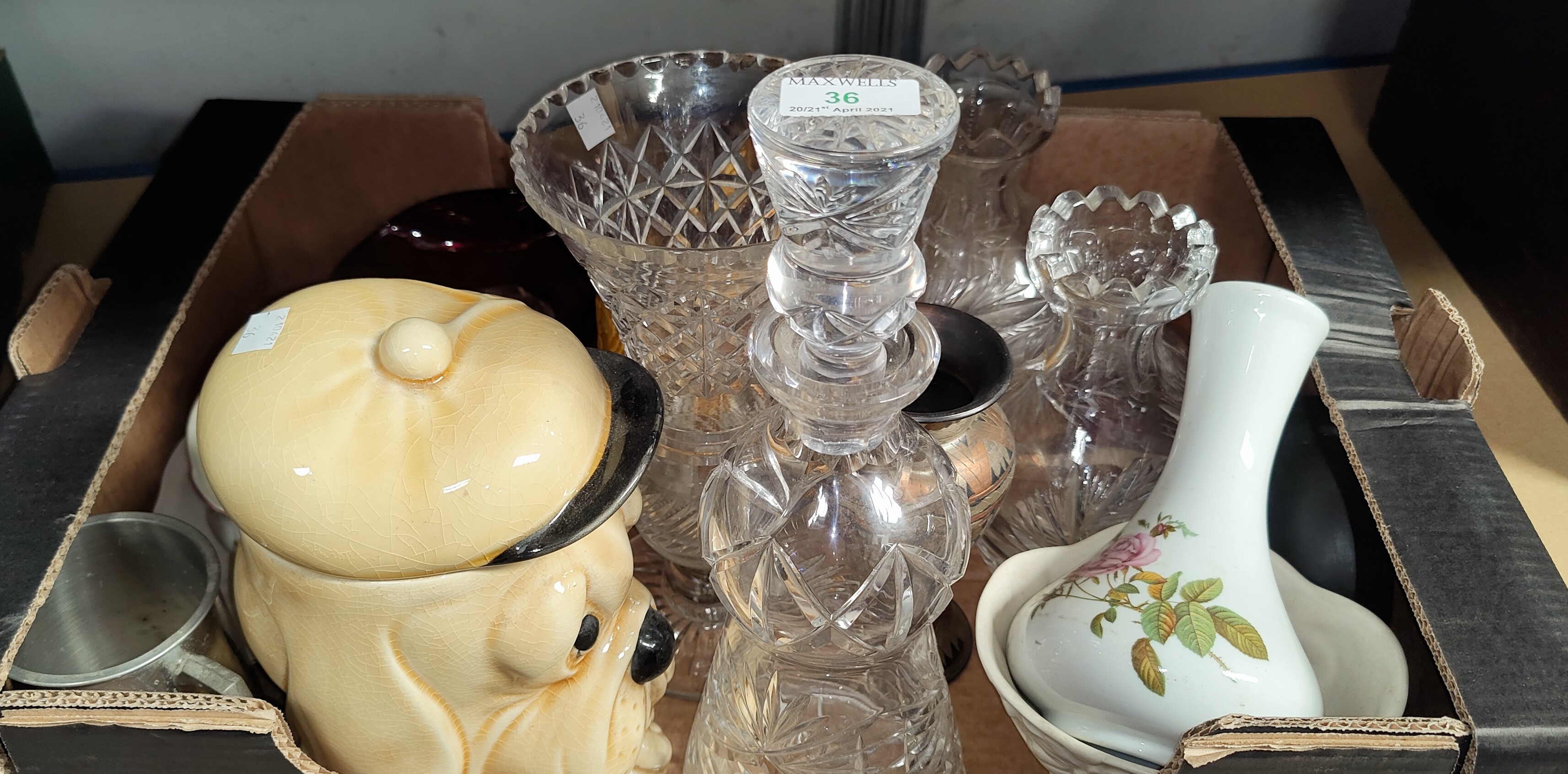 A cut crystal thistle decanter; 3 cut vases; a selection of decorative and miniature china; etc.