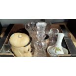 A cut crystal thistle decanter; 3 cut vases; a selection of decorative and miniature china; etc.