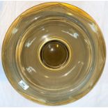 An Art Deco smoky glass dish with gilt borders by Daum, Nancy, etched signature to base, diameter 39