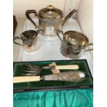 A Victorian oval 3 piece tea set, chased decoration; a pair of fish eaters, cased; etc.