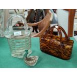 Two Murano glass style hand bags and another glass piece