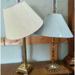 2 large brass column table lamps with shades.