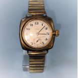 A 9ct gold cushion shaped early Rolex wristwatch, singed inside Oyster Watch Co, R.W.C LTD, 260554/