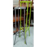 A brass top occasional table of 2 tiers; a footstool; 2 metal plant stands