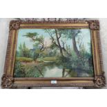 W Esmond: oil on canvas of a river scene with family walking in the back ground, in ornate gilt