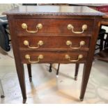 A mahogany reproduction gadrooned 3 height occasional table on square legs; a reproduction