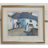 B N Henry: Girl outside a cottage, watercolour, signed, 28 x 35 cm, framed and glazed