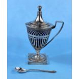 A hallmarked silver mustard pot, classical pierced style, Chester 1900 (base dented)