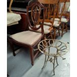 An Adam style mahogany dining chair with carved shield back; 2 tubular dining chairs in metal and