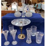 An Art Nouveau style comport in glass and brass; a selection of cut glassware