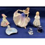 3 Royal Doulton jugs "A Gypsy Dance" HN2230 foot chipped, "Bed Time" HN1978 and "Babie" 1079 etc