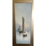 After Garman Morris: pair of prints of fishing boats, 51 x 20 cm, framed and glazed