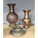 2 Japanese mixed metal vases, height 34cm and 24cm, and a bronzed tetsubin teapot