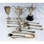 A set of 6 silver coffee spoons, Sheffield 1938; a pair of silver sugar tongs; 3 hallmarked silver