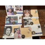 Seven QEII Golden jubilee and Commonwealth coin / stamp covers to include GB £5 and Guernsey £5