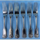 A set of 6 fiddle thread and shell hallmarked silver dinner forks, London 1860, 19oz