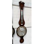 A 19th century mercury column barometer with thermometer in banjo shaped Sheraton style inlaid