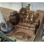 A 19th century brass tobacco jar 14cm; a pair of 19th century candlesticks, a fireside tripod