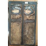 A Studio Pottery wall hanging of 2 rectangular plaques, some areas glazed, backed with wooden board,