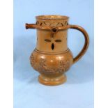 A 19th century English stoneware salt glaze puzzle jug, raised decoration of traditional figures