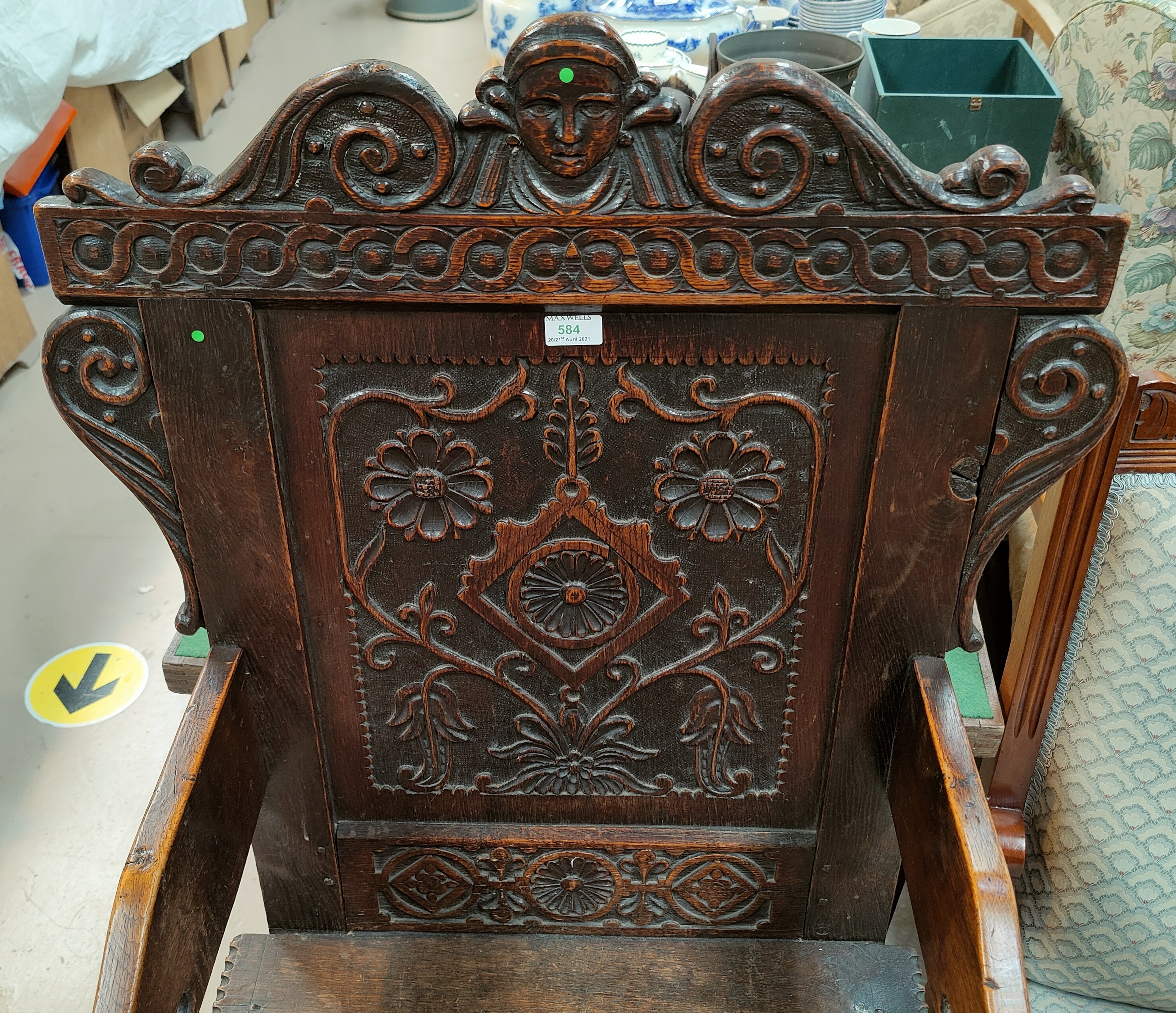 A 17th century style carved oak wainscot chair with solid seat - Image 3 of 4
