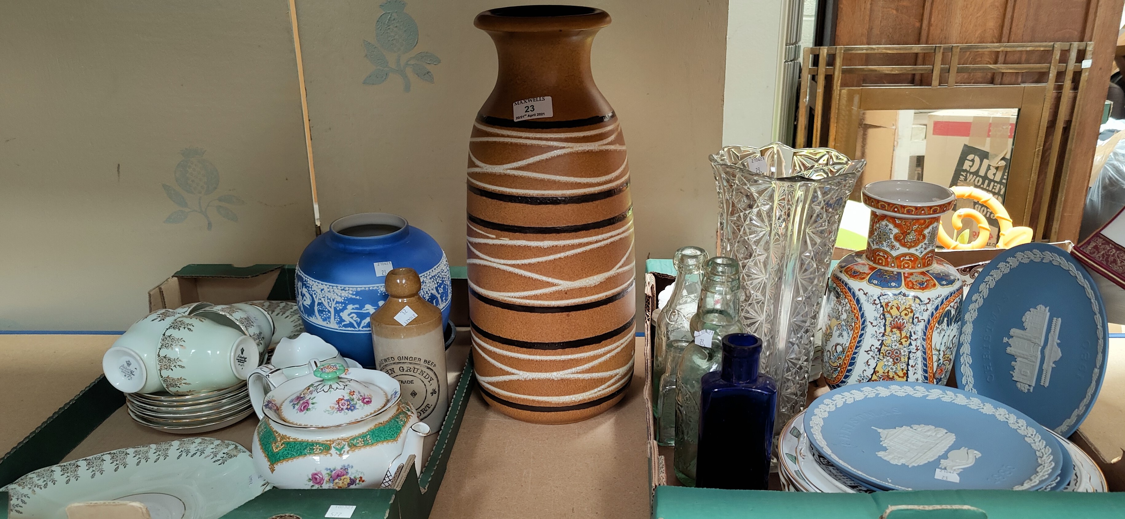 A 1970's German 'lava' type vase, height 43 cm; Wedgwood collectors plates; decorative china and