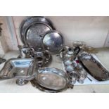 A large selection of silver plate: teaware; trays; entree and serving dishes; etc.