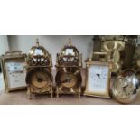 Two reproduction lantern clocks and 2 reproduction carriage clocks with battery movements; an '