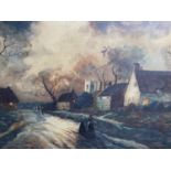 19th/20th Century: village street on a stormy night, oil on canvas, unsigned, 50 x 75 cm, framed