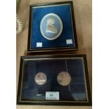 CAPTAIN COOK: Cook Islands 1973 coins 7.5 and 2.5 Dollars, silver, framed and a Wedgwood oval