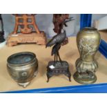 A Japanese bronze of birds and 2 Japanese vases