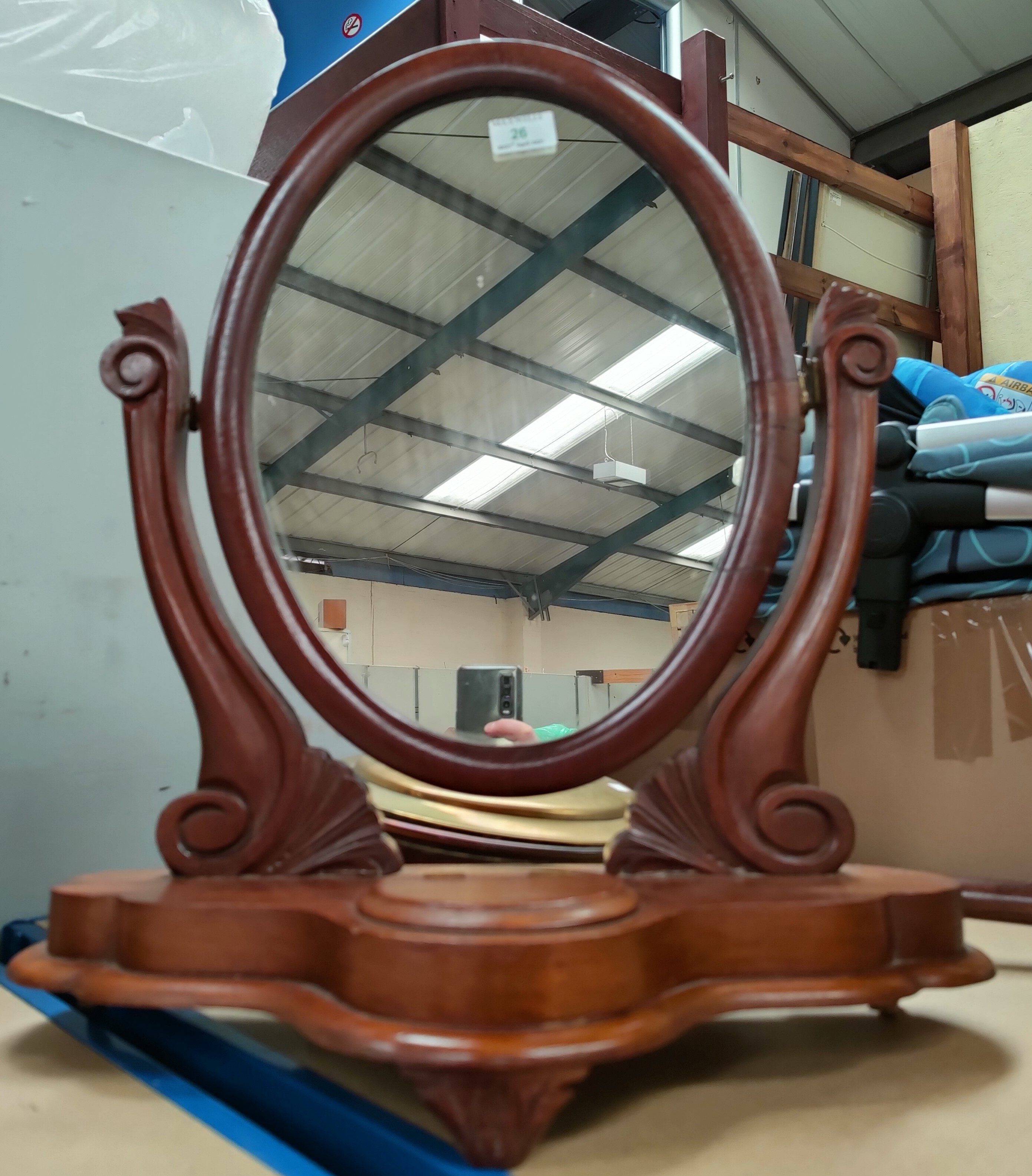 A Victorian oval dressing table mirror in free standing frame (1 hinge replaced); a wall mirror in - Image 2 of 2