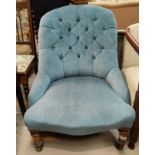 A Victorian button back nursing chair in smoky blue dralon, with stool