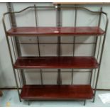 A 3 height metal and wood shelf unit; a mahogany dwarf chest of drawers; a hat and coat stand
