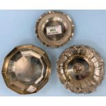 A hall marked silver decagon dish London 1965 weight 2.9oz, two white metal dishes, one stamped