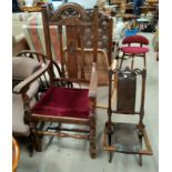 A 1930's carved oak reproduction armchair by Denby & Spinks, Leeds, with label; an Edwardian small