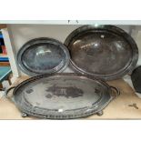 A Large silver plated Walker and Hall gallery tray, two similar silver plated meat plates