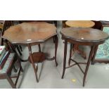 An Edwardian walnut occasional table of 2 tiers with scalloped circular top; an Edwardian inlaid
