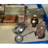 A small silvered and gilt pill box other various collectables