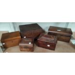 A 19th century inlaid rosewood writing box; 3 other boxes; an inlaid book rack