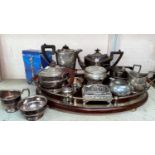 An oval mahogany tray with EPNS gallery; 2 E.P. tea sets and other silver plate.